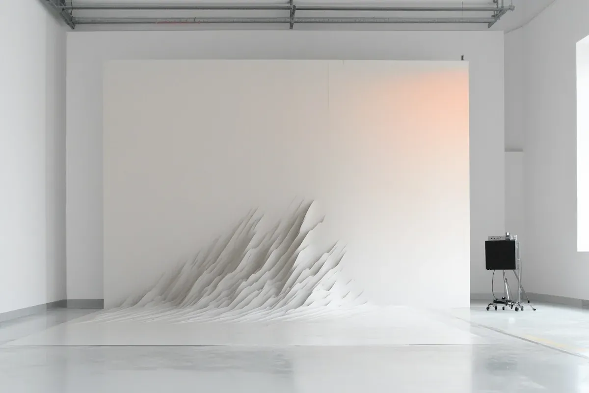 White minimalist room with geometric art installation.